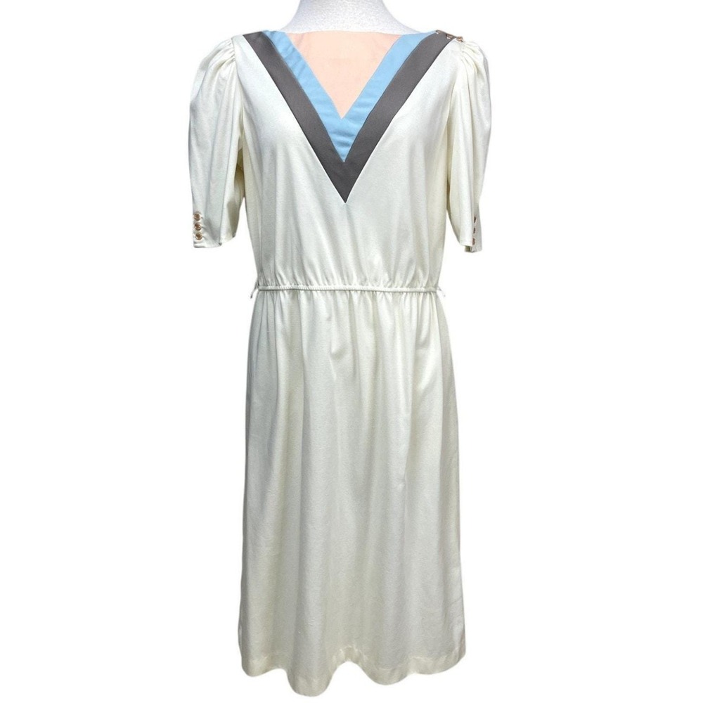 Vintage 80s Dress Womens (M/L) Puff Sleeve Cream Secretary Office Siren USA